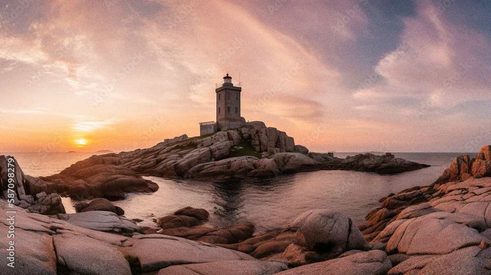 A lighthouse in the Côte de granit rose, French Brittany - generative ai