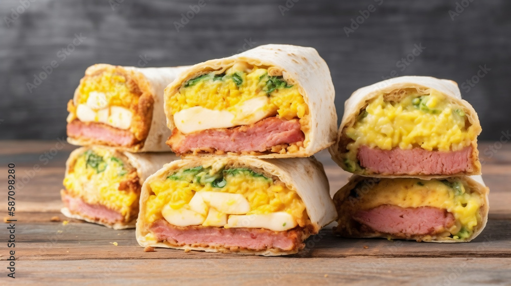 fresh and filling: dig into a scrambled egg, avocado, and turkey bacon breakfast wrap, start your day right, delicious breakfast options to satisfy every craving. generative ai