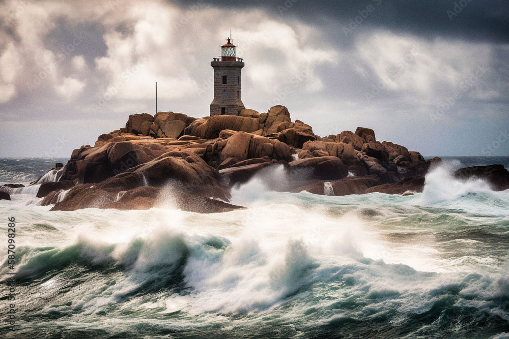 A lighthouse in the storm, Pink granite coast in French Brittany - generative ai