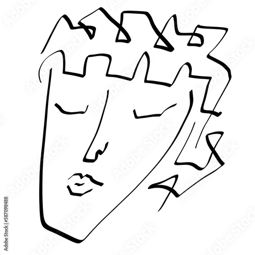 face of a person with creative hairstyle and closed eyes, black abstract sketch