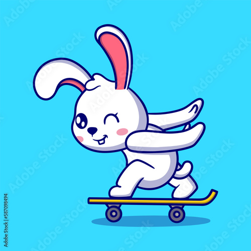 Cute bunny playing skateboard cartoon icon illustration