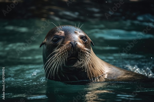 picture of a sea lion swimming in emerald water. Generative AI