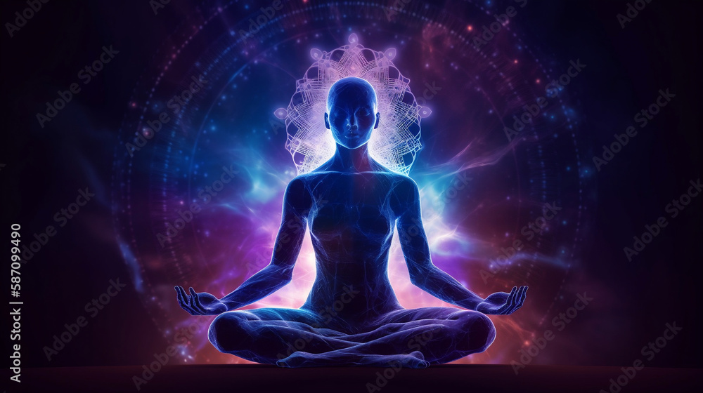 Concept of meditation and spiritual practice, expanding of consciousness, chakras and astral body activation, mystical inspiration image. Generative ai Concept of meditation and spiritual practice, expanding of consciousness, chakras and astral body activation, mystical inspiration image. Generative ai