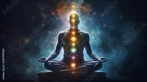 Concept of meditation and spiritual practice, expanding of consciousness, chakras and astral body activation, mystical inspiration image. Generative ai photo