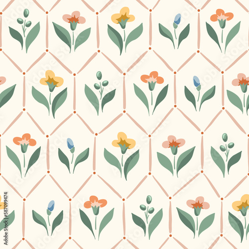 Delicate Chintz Romantic Meadow Wildflowers and Geometric Tiles Vector Seamless Pattern. Cottagecore Garden Flowers and Foliage Print. Homestead Bouquet. Farmhouse Background. Flowers in Greenhouse