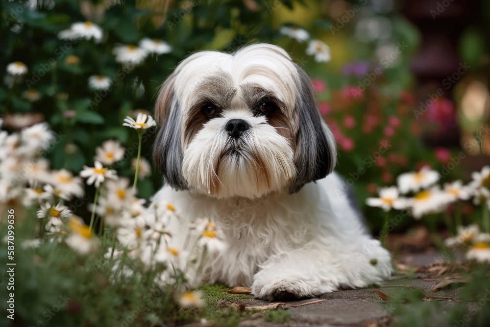 Shih tzu dog rests in garden flowers. Generative AI Shih tzu dog rests in garden flowers. Generative AI