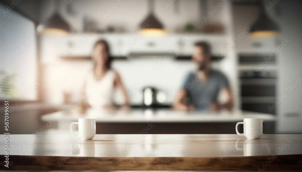 Obraz premium Wood table top on blur kitchen counter background. generative AI