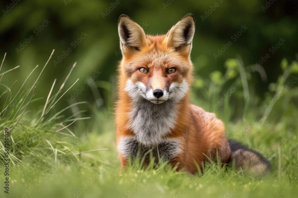 A close up of a red fox sitting on grass in the United Kingdom. Generative AI A close up of a red fox sitting on grass in the United Kingdom. Generative AI