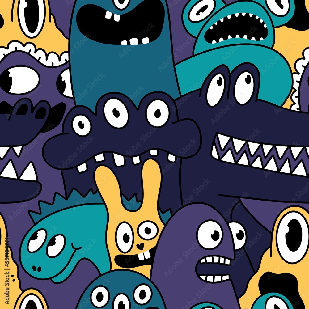 Obraz premium Cartoon monsters seamless emoticons aliens pattern for kids clothes print and wrapping paper and fabrics