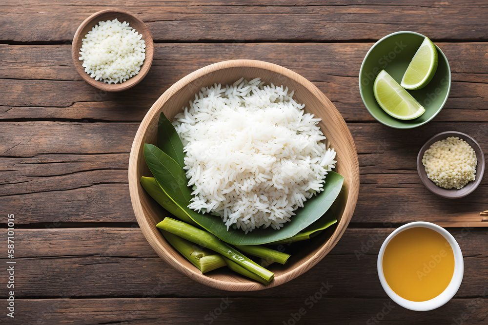 Bowl of white rice with side dishes, Generative AI Bowl of white rice with side dishes, Generative AI
