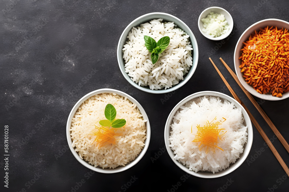 Multiple bowls of rice with side dishes, Generative AI Multiple bowls of rice with side dishes, Generative AI
