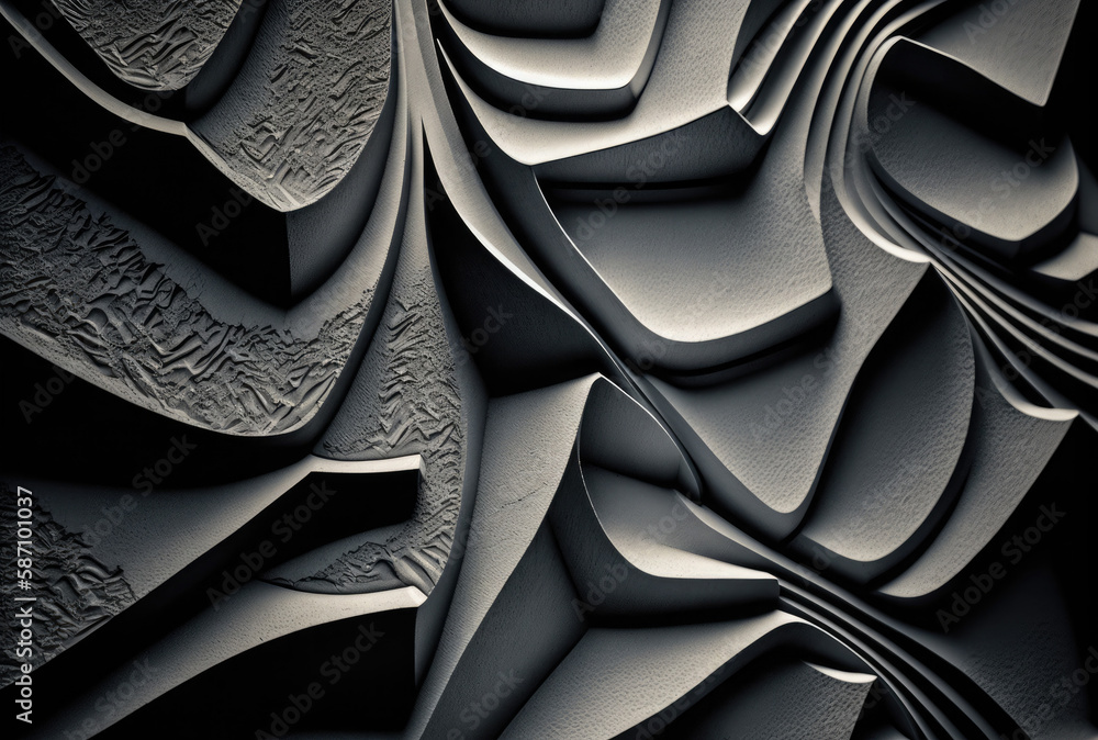 Fototapeta premium Abstract picture of a gray surface with a textured pattern. Melted solidified metal or plastic, rounded shapes with sharp pointy corners depressions. Generative AI.