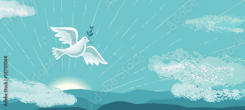 Holy Spirit Dove flies in blue sky vector background. Christian symbol of peace, love, hope religion illustration. Easter Sunday, Pentecost holiday. God Holy Spirit, Trinity church banner template