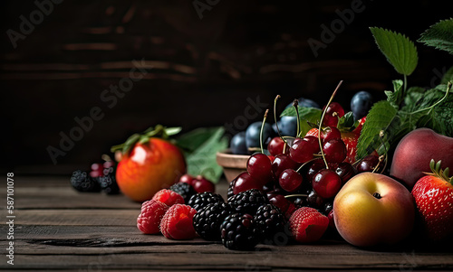 Set of fresh berries and fruits on a dark background. Side view. Generative AI.