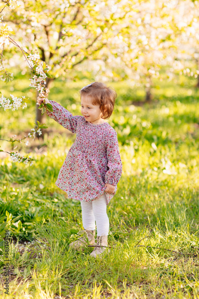 a pretty little girl in a violet dress in a spring garden a pretty little girl in a violet dress in a spring garden
