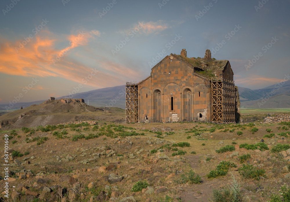 Armenian Cathedral in Ani city. Exterior view of Cathedral of Ani at sunrise. . Ani is a ruined medieval Armenian city situated in the Turkish province. Kars, Turkey 