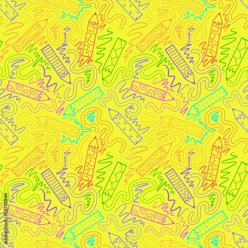 Cartoon doodle markers seamless school pencil and blackboard pattern for wrapping paper and kids clothes print