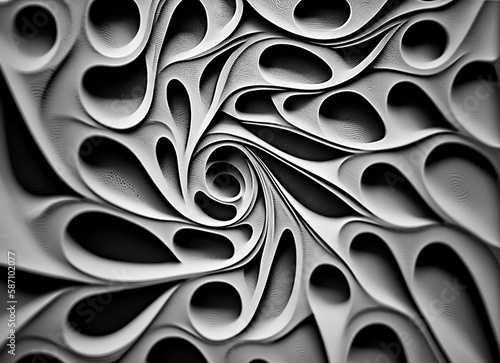 Abstract picture of a gray surface with a textured pattern. The surface with rounded depressions of organic shape. Generative AI illustration.