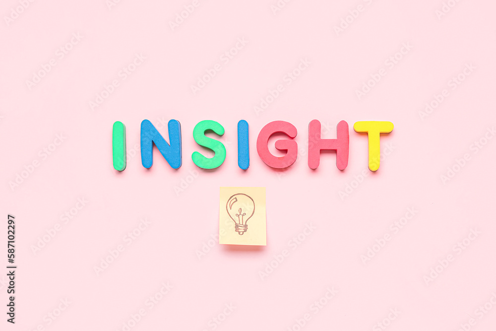 Word INSIGHT and sticky paper with drawn light bulb on pink background Word INSIGHT and sticky paper with drawn light bulb on pink background