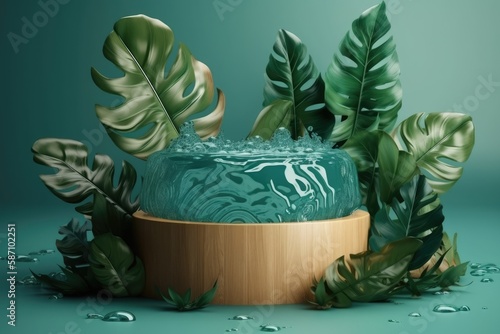 green cake decorated with leaves on top. Generative AI