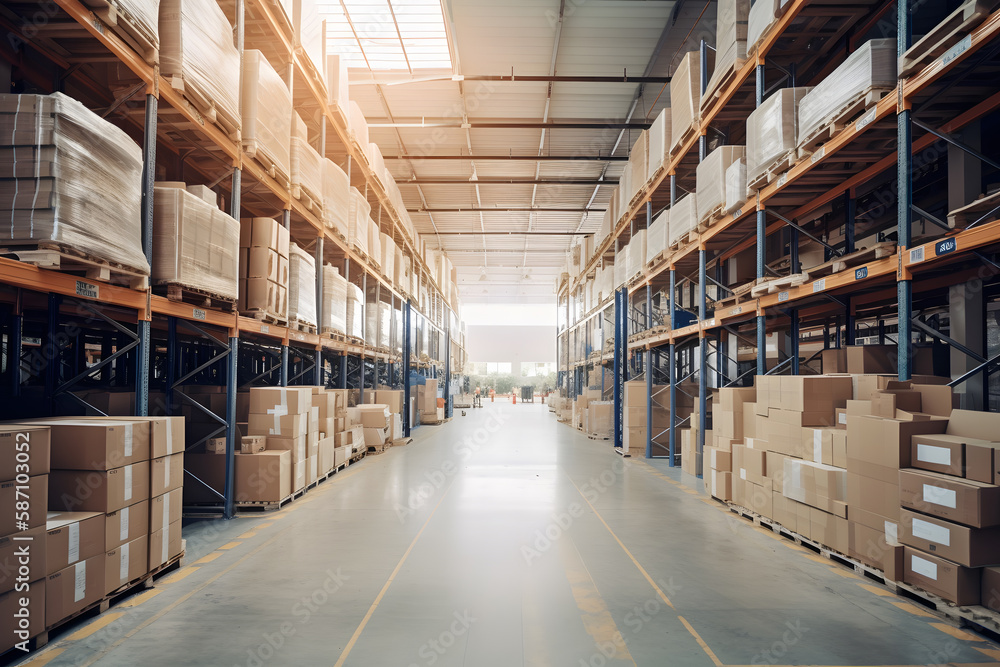 Boxes of goods stacked in warehouse for storage, Generative AI Boxes of goods stacked in warehouse for storage, Generative AI