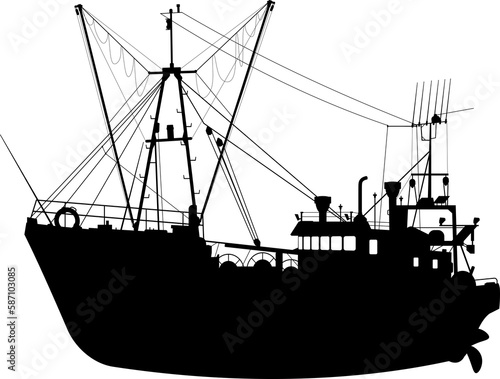 Silhouette of a fishing trawler.