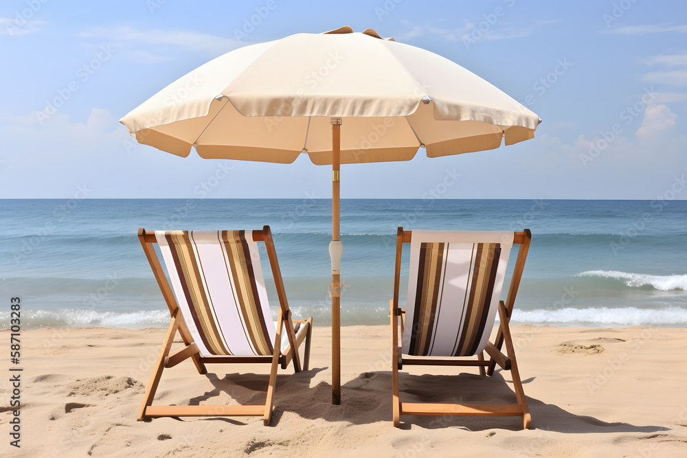 Two reclining chairs and parasols on the beach. Generative AI