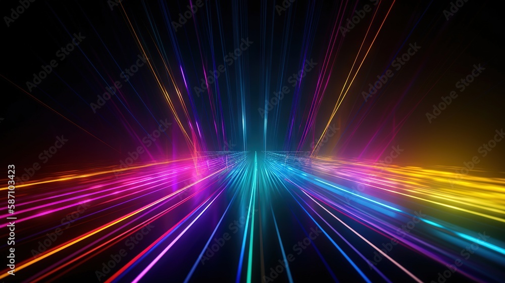 parallel long neon rays, abstract, fantastic wallpaper with colorful laser rays, desktop digital wallpaper, black background, generative ai