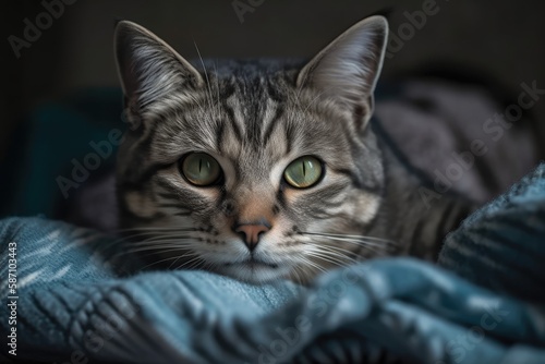 Fotografie, Obraz cozy blue blanket with a lovely grey tabby cat on it