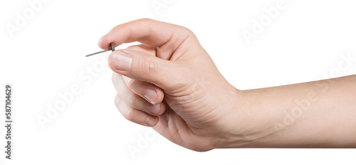 Foto Hand holding a small pin, cut out