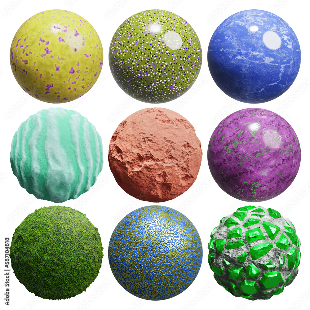 3d render set of balls with different materials, texture and color and transparent background 3d render set of balls with different materials, texture and color and transparent background