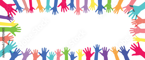 Many colorful hands, white background - diversity concept - vector illustration
