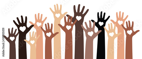 Many hands of different skin color and hearts shapes - diversity concept - vector illustration