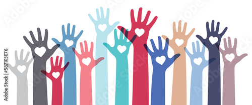 Many colorful hands and heart shapes - diversity concept - vector illustration