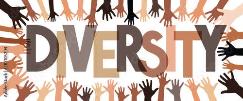 Colorful human hands with different skin colors and diversity word - vector illustration