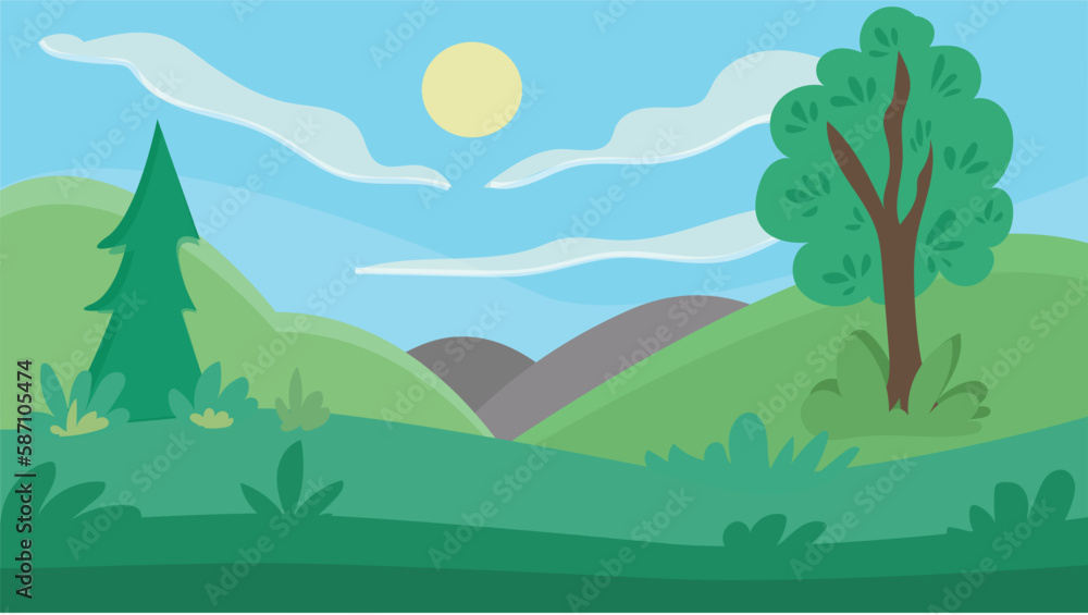 The weather is sunny and warm. Flat nature landscape with meadow. illustration. Forest Background Vector.