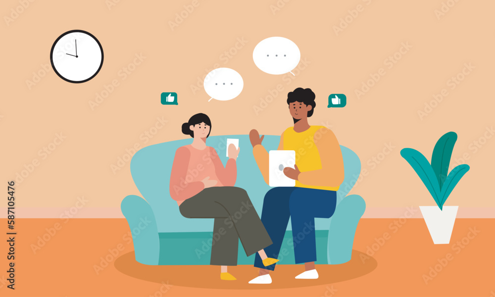 Two friend sitting on couch and discuss illustration. Friends sitting at home. Two friend sitting on couch and discuss illustration. Friends sitting at home.