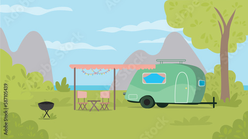 Camper with barbecue folding table deckchair. Summer camping. Outdoor nature adventure, active tourism in summertime. Camping with caravan in nature. vector illustration backgrounds.