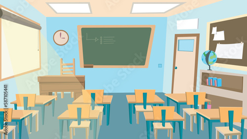 Empty classroom interior with chalkboard desks and school supplies. School desks are everywhere. Classroom with no people. vector illustration backgrounds.