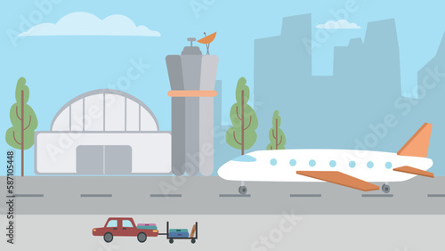 Airport Terminal building with infographic aircraft taking off and Different transport types of elements. Airport and travelling by passenger plane concept. Airport landscape image. vector.