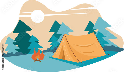 Camping tent boot bonfire tree vacations activity adventure. Camping area with some equipments like tent and campfire in the forest in day. vector illustration backgrounds.