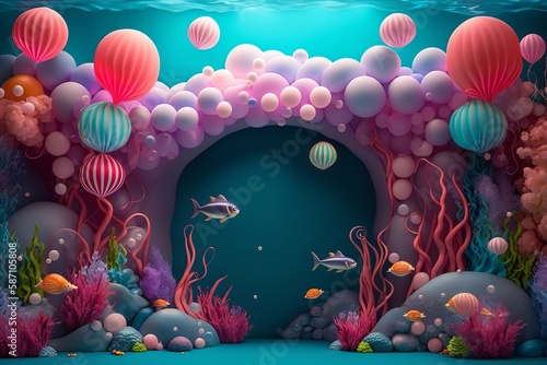 Backdrop under the sea arch with many large ballo , Generative AI. photo