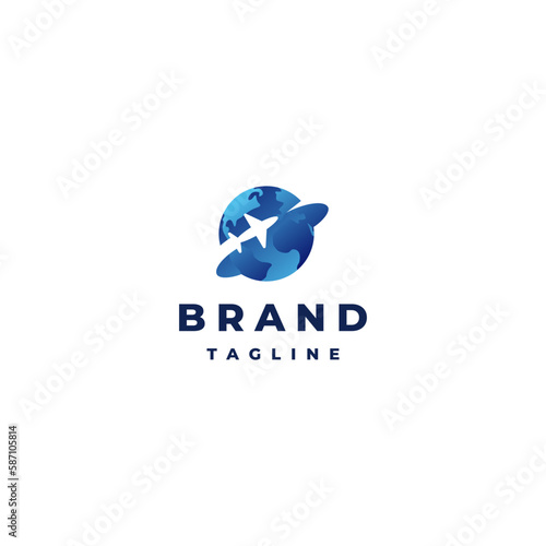 Airplane Around Blue Earth Logo Design. Simple Illustration of World Transportation Logo Design.