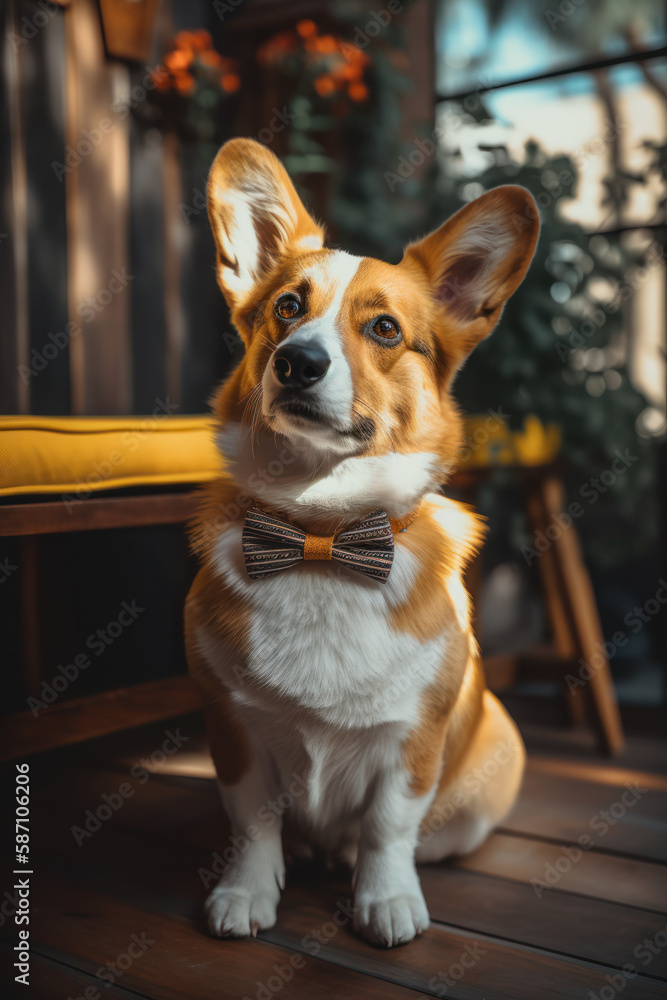 Adorable Character Design of a cute corgi Dog wearing a Bow Tie, outside on a porch, full body, generative AI Adorable Character Design of a cute corgi Dog wearing a Bow Tie, outside on a porch, full body, generative AI