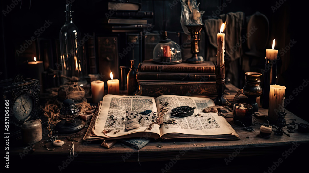A book about potions and spells on a wizard's desk.
