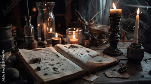 A book about potions and spells on a wizard's desk. - game scenario