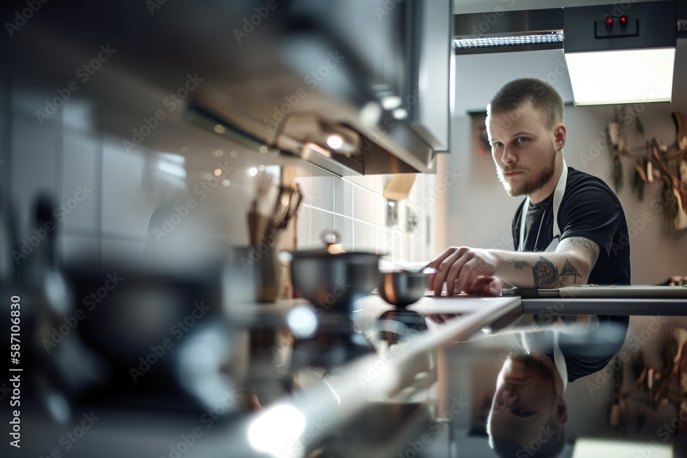 Professional cooking young man in modern restaurant cooking. Generative AI Professional cooking young man in modern restaurant cooking. Generative AI