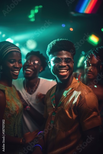 African American friends having fun at the club while dancing and laughing. Generative AI vertical shot