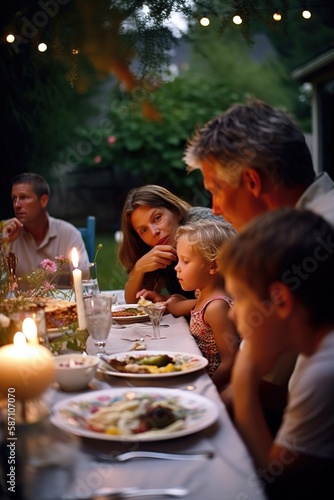 Family enjoying Sunday dinner in the backyard at home. Generative AI vertical shot © Pajaros Volando