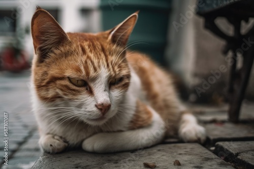 A stray cat is blurry in focus and laying on the roadway. Generative AI
